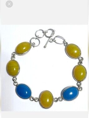 Silver Blue & Yellow Agate Bracelet Adjustable